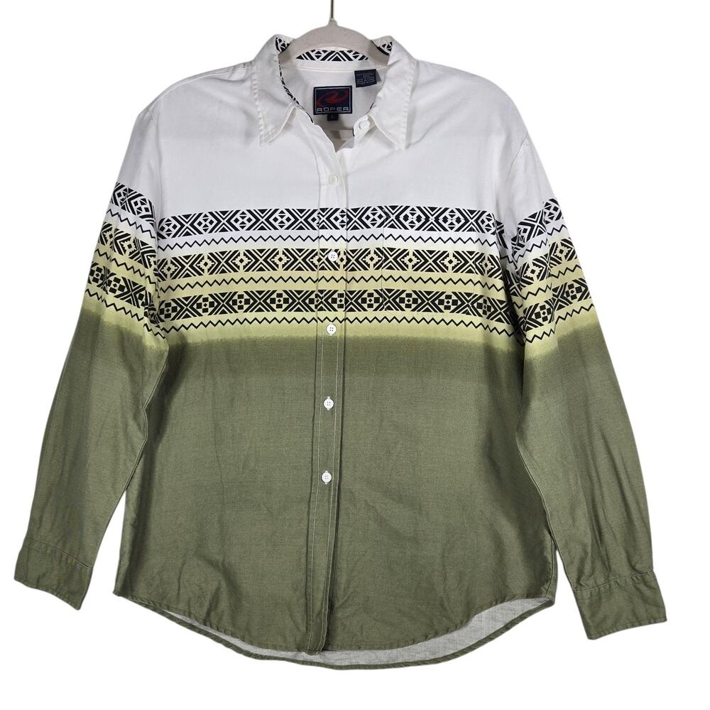 Roper Western Shirt Womens Large Vintage Aztec‎ Ombre Green Cowgirl Rodeo Ranch